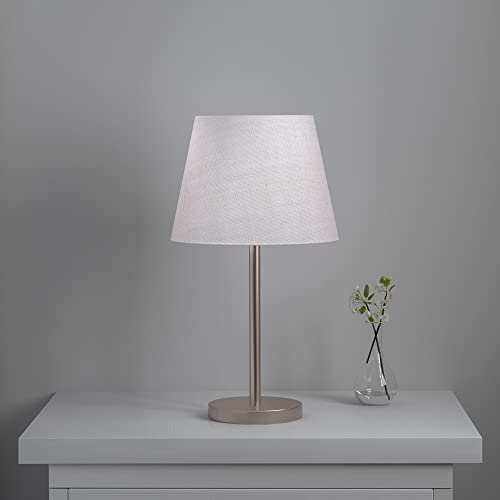 Image of Divine Trends Bedside Table Lamp Modern Sleek Silver 19 Inches Height with Off White Lampshade for Bedroom, Living Room (Pack of 1) - Led Bulb Included (Satin Nickel with Tapered Shade)