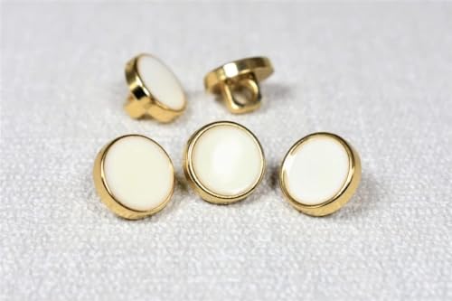 Image of Pack of 15 Pcs. 20L in Size 11mm Ivory Enamel Metallic Gold Rim Tiny Shirt Buttons, Cream White Resin Small Plastic Shank Buttons for Knitting Sewing Coat, Kurti and Dress