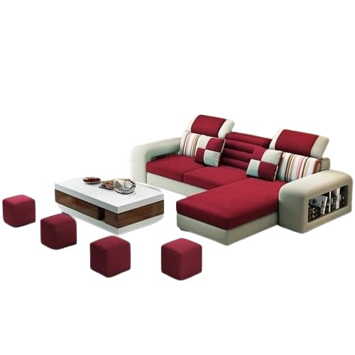 Image of Travis Modern 8 Seater L Shape Sofa Set for Living Room Red & Cream RHS | 4 Ottoman with L Shape Sofa | Fabric Sofa 8 Seater for Office Festival Gifts