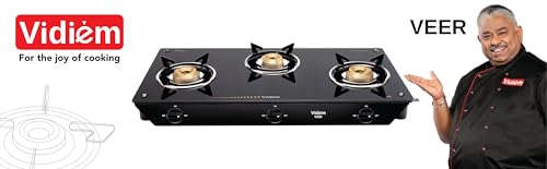 Image of Vidiem VEER 3 Burner Gas Stove with 7mm Toughened Glass Top | Jumbo, Medium & Small Brass Burners | Spill Proof Drip Trays | Heavy Duty Pan Supports | 5 Year Warranty | Manual Ignition