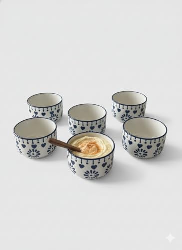 Image of Indigo Blossom 6-Piece Ceramic Dipping Bowl Set Housewarming Gifts - Microwave & Dishwasher Safe