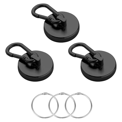 DODOGOD 超強力 マグネット フック カラビナ フック【3個セット】カラビナ付磁石 カラビナ磁石 ネオジム磁石 耐荷重130kg 直径60mm 強力 磁石 防錆 取外可能 キッチン/オフィス/業務/浴室/室外/壁掛け用 (黒, 60mm 3セット)