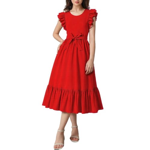 Girls Dresses Double Layer Ruffle Sleeve Dress Casual Summer Elegant A-Line Flowy Dresses 6-14 Years