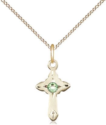 14kt Gold Filled Cross Pendant with a 3mm Faux Peridot Austrian Crystal stone on a 18 inch Gold Filled Light Curb Chain.