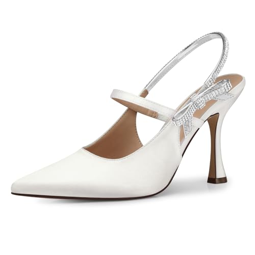 Women Kitten Heel Pumps: 3.8 Inch Rhinestone Bow Bride Wedding High Heels,Ceremony Prom Ankle Strappy Dress Shoes, Sexy Night Party Dance Sparkly Pumps