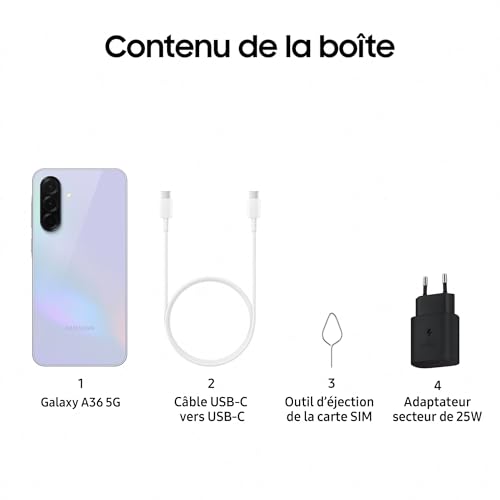 Samsung Galaxy A36 5G Smartphone Android Chargeur Secteur Rapide Inclus Smartphone déverrouillé Lavande Version FR - vue 5