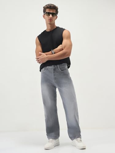 Image of Urbano Fashion Men's Loose Baggy Fit Washed Denim Jeans Non-Stretchable