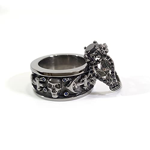 Anchor Skull Wedding Ring Band Set His and Her Matching Skull Rings Couple Gun Metal Finish 925 Sterling Silver, Blue,Black (DFJS18)3