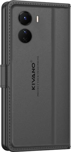 Image of KIVANO LUXE Compatible for Vivo T2x 5G / Y56 5G / Y16 4G Luxury Handmade Leather Magnetic Flip Folio Case | Card Holder & Kickstand | Slim Protective Cover | Unisex - Black