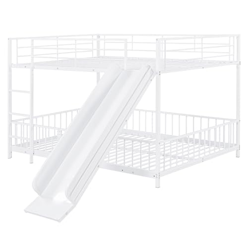Image of Bellemave Full Over Full Bunk Bed with Slide and Ladder, Metal Low Bunk Bed for Kids, Girls, Boys, Removable Fence, with Door, White