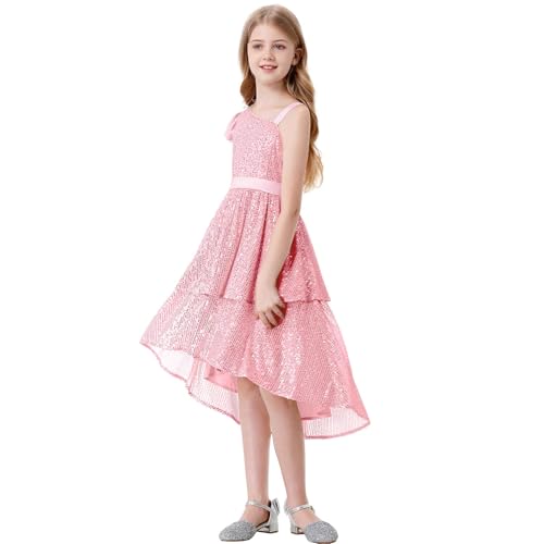Image of LOLANTA Girls Sequin Dress Elegant Princess Party Dress Sparkling Sleeveless Shoulder Strap Dresses, Pink, 9-10 Years, 140