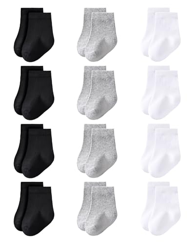 Image of LO SHOKIM Baby Crew Socks 0-3 Months Newborn Infant Cotton Black White Dress Socks Baby Boys Girls Preemie Sock 12 Pairs