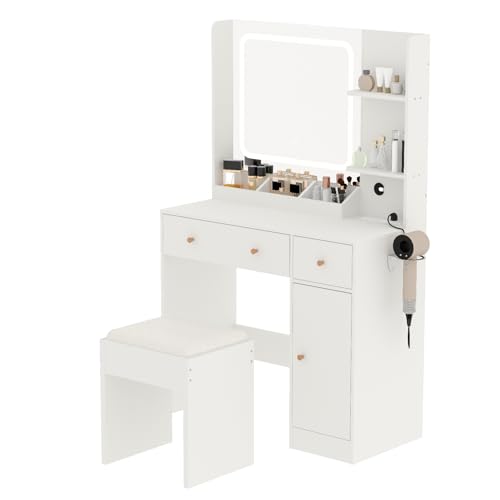 Vanity Desk with LED Lights Mirror & Power Outlet, Makeup Vanity Table Set with Storage Drawers Shelves Cabinet& Chair, 3 Lighting Modes & Adjustable Brightness, Dressing Table for Women Girls Bedroom