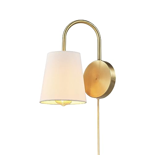 Image of Globe Electric 65000053 1-Light Hardwire or Plug-in Wall Sconce, Matte Brass, White Textured Shade, Arched Arm, Lighting, Home Decor, Lights for Bedroom Plug in