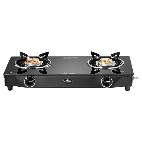 Sunflame Diamond 2 Burner Gas Stove | 2-Years Product Coverage | 1 Medium and 1 Small Brass Burners | Manual Ignition | Ergonomic Knobs | Toughened Glass Top | PAN India Presence | Black