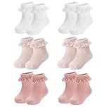 HDFHDF 6 Pairs Frilly Socks Kids Baby Girls Anti Slip Floor Spring and Autumn Cotton Infants and Young Children Learning to Walk Unsteadily Cute Solid Color Lace (1-3 Years)