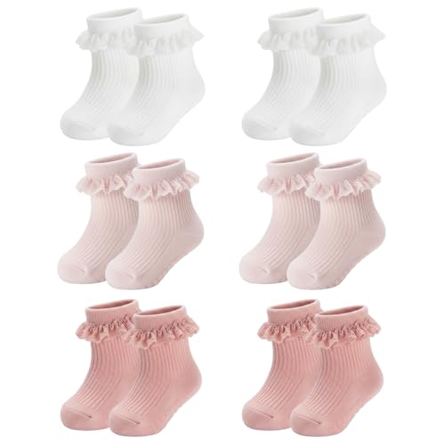 Image of HDFHDF 6 Pairs Frilly Socks Kids Baby Girls Anti Slip Floor Spring and Autumn Cotton Infants and Young Children Learning to Walk Unsteadily Cute Solid Color Lace (1-3 Years)