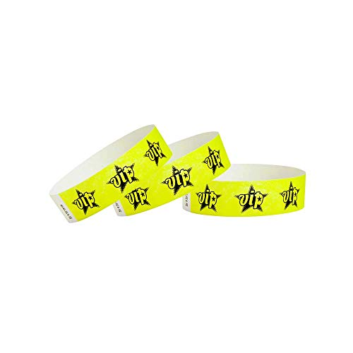WristCo Neon Yellow VIP Star Tyvek Wristbands for Events - 500 Count ¾” x 10” - Waterproof Recyclable Comfortable Tear Resistant Paper Bracelets Wrist Bands for Concerts Festivals Admission Party