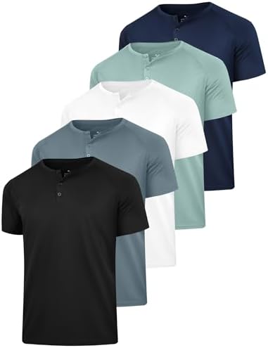 5 Pack Men's Henley Shirt Basic T Shirt, Moisture Wicking Breathable Button Down Short Sleeve