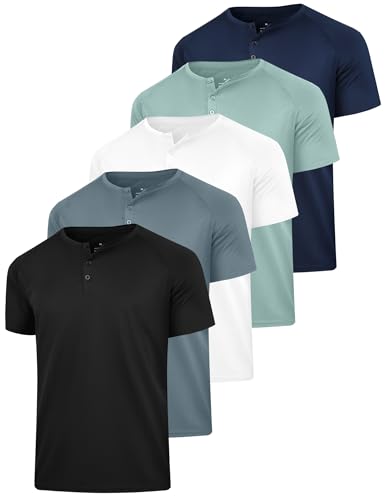 HovSiyla 5 Pack Men's Loose Fit Henley Shirt Basic T Shirt, Moisture Wicking Breathable Button Down Short Sleeve Black Gray White Green Blue Medium