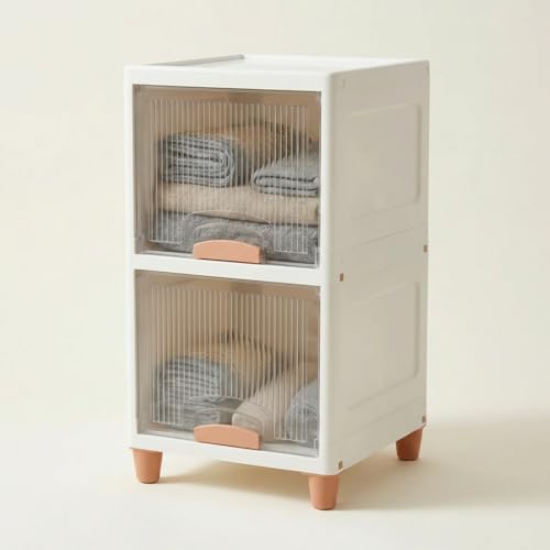 Image of Ash & Roh 2-Tier White Multi-Layer Plastic Storage Cabinet with Transparent Flip Door | Space Saving Organizer for Kitchen, Bedroom, Office | Foldable Stackable Storage Unit with Legs