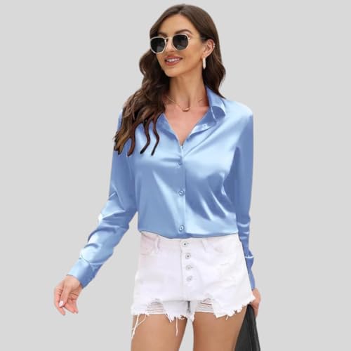 Image of IndoPrimo Women's Satin Shirt with Spread Collar Neck Line Solid Pattern Full Sleeves Regular Fit Western Style and Standard Length