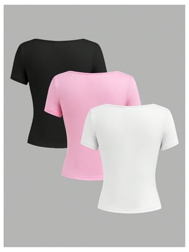 Image of SOLY HUX Girl's Square Neck Short Sleeve Fitted Tees 3 Packs Basic T-Shirts Summer Tops