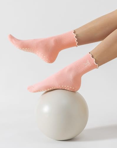 Image of Yawlsow Cute Pilates Grip Socks for Women Ruffle Frilly Yoga Socks Non Slip Cotton Crew Grippy Sock for Barre Workout
