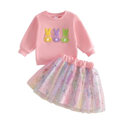 Image of Toddler Girl Easter Outfit Cute Bunny Letter Embroidery Sweatshirt Party Tutu Tulle Skirt Kids Spring Clothes