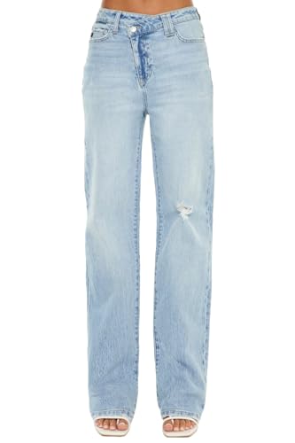 Kan Can Women's Distressed High Waist Straight Jeans