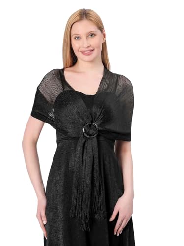 Image of Stoles for Evening Dress with Buckle, Fringes - Polyester Blend, Shimmer Stole Wraps for Weddings, Party | Women's Clothing