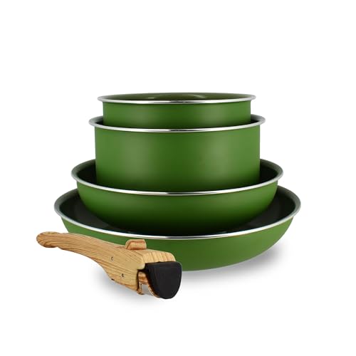 MENASTYL - Removable stackable cookware - Suitable for all heat sources, including induction - PFAS-free non-stick ceramic coating - Colorama range - Olive colour - 2 frying pans + 2 saucepans + 1