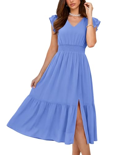 Image of GRACE KARIN 2026 Womens Summer Dresses V Neck Ruffle Sleeve Floral Boho Beach Dress A-Line Swing Midi Wedding Guest Sundress