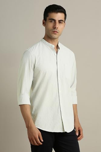 Image of Peter England Men's Casual Mandarin Collar Slim fit Full Sleeve Shirt in 100% Cotton Seersucker with Striped Design