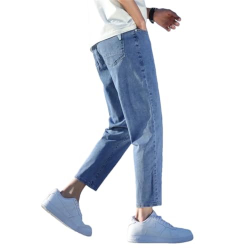 Men Stretch Ankle Length Jeans Light Blue Cotton Slim Fit Denim Pants Korean Trousers Blue-04 38