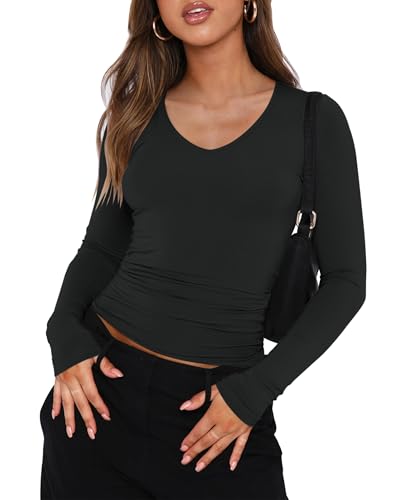 IWD Womens Long Sleeve Shirts V Neck Casual Tops 2025 Fashion Slim Fitted Tops Basic Tee Y2k Outfits