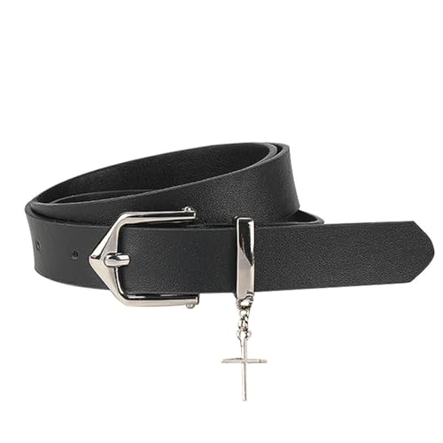 Women Gothic Waist Belt Punk Cross Pendant Belt Silver Buckle PU Leather Belt for Dresses Jeans