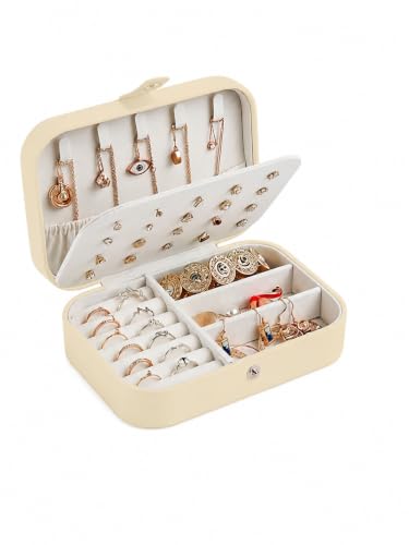 Image of Cortina Jewellery Organiser PU Leather Zipper | Portable Storage Box Case with Dividers | Container for Rings, Earrings, Necklace Home Organizer - Cream