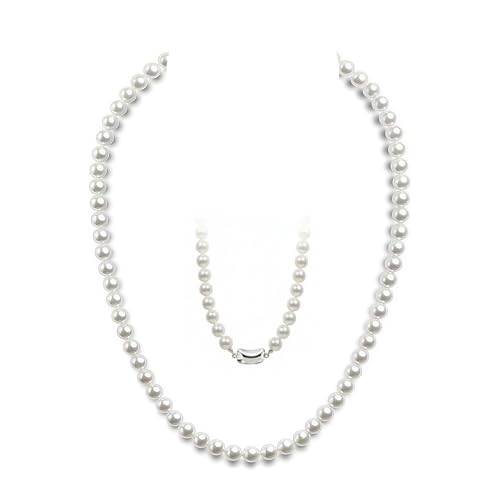 EVEV Crystal Pearl Necklace for Women MADE IN JAPAN, AAA+ High Luster Weighted Round White Crystal Pearl Strand, Hand-Knotted Simulated Pearl choker Necklace for Jewelry Gifts