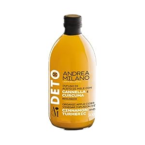 Deto Andrea Milano, Bio-Apfelessig mit Essigmutter, Zimt und Kurkuma, ungefiltert und nicht pasteurisiert, ideal pur oder als Dressing für Fleisch- oder Thunfischtatar, Made in Italy, 500 ml