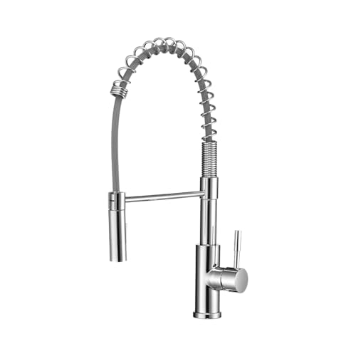 Image of Dura Faucet DF-MK504SLK-CP RV Swivel High-Arc Spring Kitchen Sink Faucet - Single Handle - Kitchen Faucet with Pull-Down Sprayer - Optional Deck Plate (Chrome)