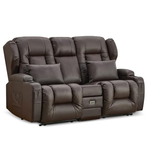 Image of IPKIG 67 inch RV Loveseat Double Recliner Sofa with FILP Back Console, Storage Drawer, Side Pockets, Faux Leather Manual Reclining Chair Home Theater Seating (Brown)