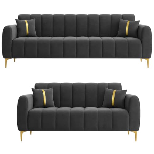 Image of FURNY Harmony 5 Seater Fabric 3+2 Sofa Set (Dark Grey) with Golden Finish Legs & Premium Velvet Finish | Durable & Comfortable | Ideal for Living Room