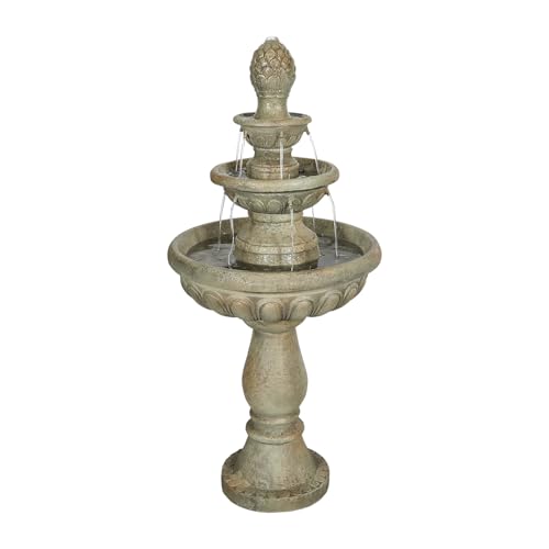 Image of SunJet 42.5 inch High 3-Tiers Modern Concrete Outdoor Water Fountain - Round Large Outdoor Fountains and Waterfalls for Garden, Patio, Yard, and Deck Decor, Featuring Natural Stone Look