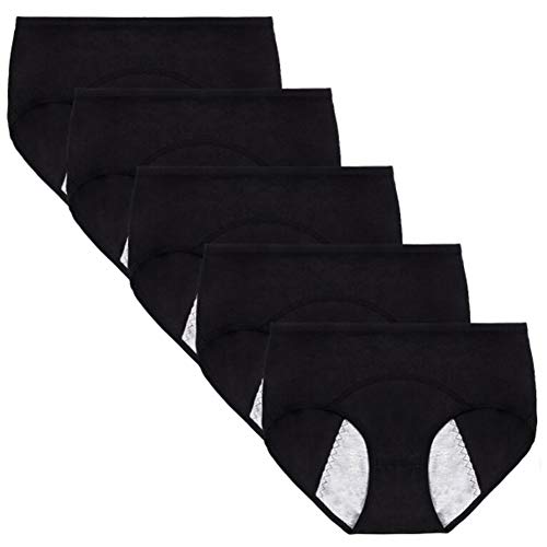 Anntry Chicas Grandes Algodón de protección Período Menstrual Bragas Adolescentes Malla Respirable Bragas a Prueba de Fugas Mujer (XL?Cintura:30.5-32 Inch), 5Black