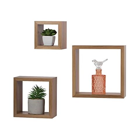 Kiera Grace Set of Three Cubbi Rustic & Timeless Decorative Engineered Wood Square Floating Wall Shelves for Home, Room, & Office, 5" / 7"/ 9", Brown Cover
