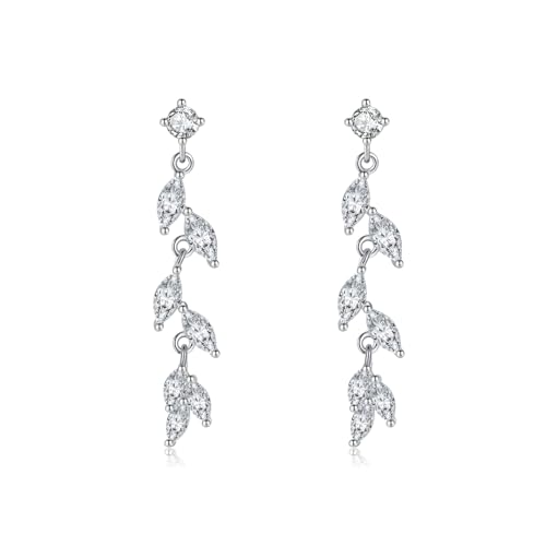 SLUYNZ Solid 925 Sterling Silver CZ Olive Leaf Dangle Earrings for Women Teens Droplet Wedding Dangle Earrings Bridal