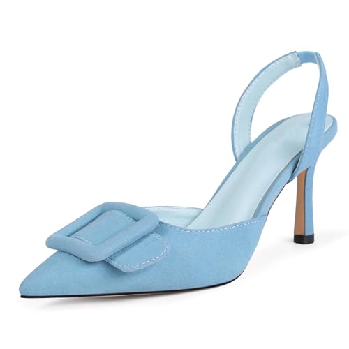 Fericzot Slingback Kitten Heels for Women,Sling Back Buckle Pumps Pointed Toe Kitten Heels Suede Wedding Party Shoes