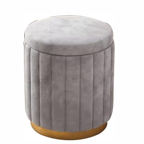 Image of Round Upholstered Velvet Ottoman Seating Stool with Gold Metal Base Multifunctional Makeup Vanity Chair Soft Compact Padded Foot Rest Stool for Living Room Bedroom Gray