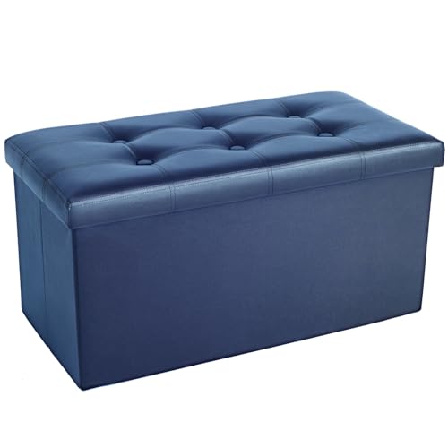 COSYLAND Puff Almacenaje 80L, Banco Almacenaje, Capacidad de Carga 200 kg, Tapizado PVC, Baúl para Dormitorio, Salón, Entrada, Juguetes, Organizador Multifuncional, Plegable, Azul Marino, 76x38x38cm